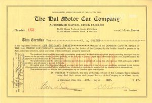 Hal Motor Car Co. - Automotive Stock Certificate
